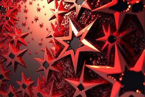 Shower of a million sparkling star shaped mirrors from the heavens. Bright creative abstract decoration element for celebration. Chaos red glitter star with golden frame on dark background. photo