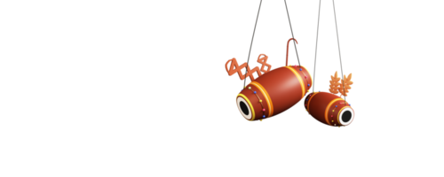 3D Render Of Punjabi Festival Element As Hanging Dhol, Bhangra Khunda, Sapp Instrument, Wheat Ear Against Background. png