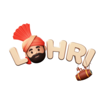 3d framställa gyllene lohri text med punjabi man ansikte, dhol, bhangra khunda, sapp instrument mot bakgrund. png