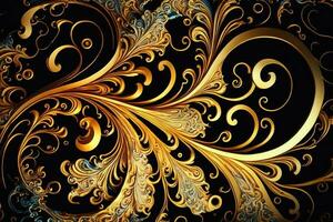 Swirling magnificent fractalesque rococo patterns. Collage contemporary print with creative futuristic waves pattern with purple and yellow colors, texture. Artistic photo