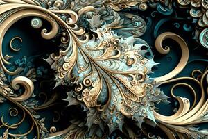 Swirling magnificent fractalesque rococo patterns. Collage contemporary print with creative futuristic waves pattern with purple and yellow colors, texture. Artistic photo