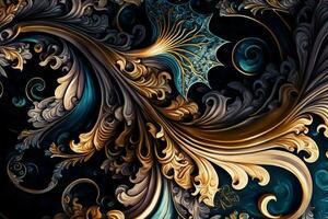 Swirling magnificent fractalesque rococo patterns. Collage contemporary print with creative futuristic waves pattern with purple and yellow colors, texture. Artistic photo