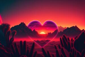 valentine day with retro style hearts, love concept, retro wave sunset, in style of synthwave artwork, cinematic color grading, cinematic light, depth of field. photo