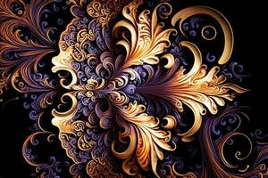 Swirling magnificent fractalesque rococo patterns. Collage contemporary print with creative futuristic waves pattern with purple and yellow colors, texture. Artistic photo