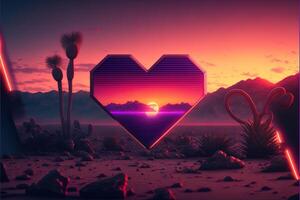 valentine day with retro style hearts, love concept, retro wave sunset, in style of synthwave artwork, cinematic color grading, cinematic light, depth of field. photo