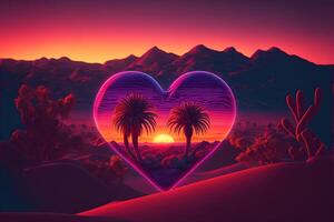 valentine day with retro style hearts, love concept, retro wave sunset, in style of synthwave artwork, cinematic color grading, cinematic light, depth of field. photo