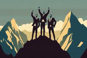 businessmen standing on top of a mountain in victory poses.Business success concept. Success in life concept, with business person celebrating on top of mountain photo