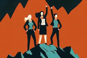businesswomen standing on top of a mountain in victory poses.Business success concept. Success in life concept, with business person celebrating on top of mountain photo