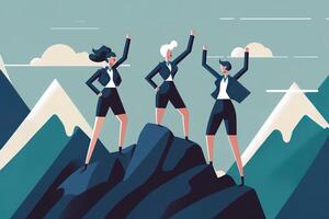 businesswomen standing on top of a mountain in victory poses.Business success concept. Success in life concept, with business person celebrating on top of mountain photo