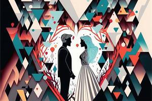 Couple on the background of the heart, Valentine's day posters, valentines with abstract, geometric background. Geometric prints, geometric patterns. photo