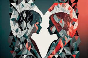 Couple on the background of the heart, Valentine's day posters, valentines with abstract, geometric background. Geometric prints, geometric patterns. photo