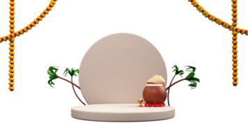 3D Render Clay Pot Full Of Pongal Dish With Lit Oil Lamp Over Podium, Empty Circular Frame, Sugarcanes And Marigold Garland Deorated Background. png