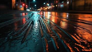 Urban Reflections of Neon Lights on Wet Asphalt Texture. photo