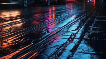 Urban Reflections of Neon Lights on Wet Asphalt Texture. photo