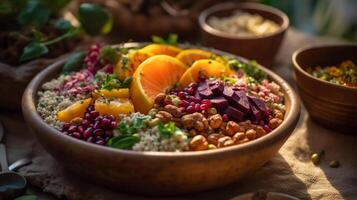 Immunity-Boosting Grain Bowls Close-Up Delights, wholesome grain bowl brimming with ancient grains, pulses, and vibrant fruits and vegetables photo