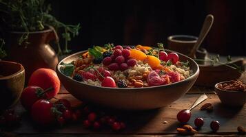 refuerzo de la inmunidad grano bochas de cerca delicias, saludable grano cuenco rebosante con antiguo granos, pulsos, y vibrante frutas y vegetales generativo ai foto