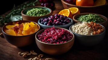 Immunity-Boosting Grain Bowls Close-Up Delights, wholesome grain bowl brimming with ancient grains, pulses, and vibrant fruits and vegetables photo