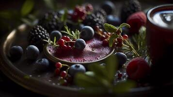 Superfood Smoothie Artistry Vibrant Berries, Leafy Greens, and Exotic Herbs Blended into a Nutrient-Packed Elixir photo