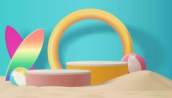 Summer color theme minimal abstract room concept, realistic cylinder podium. beach and sand toy,surfboard decoration, coconut tree shadow, summer abstract 3D room with beach 3d background. vector