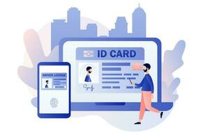 Smart ID card concept. Biometric documents in smartphone and laptop app. Digital passport and Driver license.Electronic identity card. Modern flat cartoon style.Vector illustration on white background vector