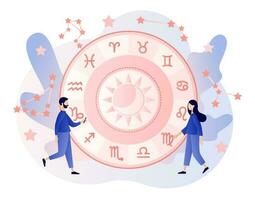 Astrology science concept. Tiny people astrologers reading natal chart. Astrological forecast. Zodiac, celestial coordinate system, stars and constellations. Modern flat cartoon style. Vector