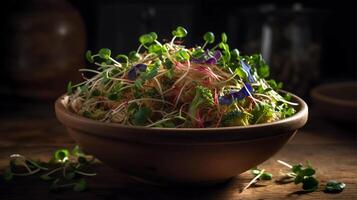 saborear el brote un delicioso imagen de un nutritivo comida presentando alfalfa, brócoli, y rábano coles generativo ai foto