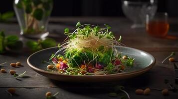 Savor the Sprout A Delectable Image of a Nutritious Meal Featuring Alfalfa, Broccoli, and Radish Sprouts photo