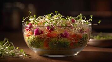 saborear el brote un delicioso imagen de un nutritivo comida presentando alfalfa, brócoli, y rábano coles generativo ai foto