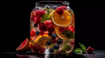 vibrante infundido aguas, lleno de nutrientes frutas, verduras, y hierbas sumergido en un claro vaso lanzador generativo ai foto