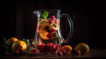 Vibrant Infused Waters, nutrient-packed fruits, vegetables, and herbs submerged in a clear glass pitcher photo