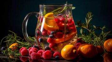 Vibrant Infused Waters, nutrient-packed fruits, vegetables, and herbs submerged in a clear glass pitcher photo