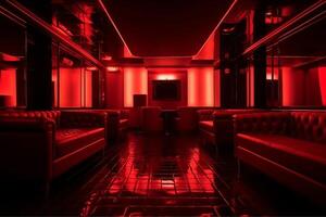 Red interior of luxury nightclub restaurant lounge bar human enhanced. photo