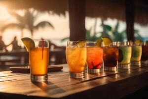 Wooden table and glasses with cocktails in the eground and soft focus summer beach and a bar in the blurred background tropical resort banner as a tropical holiday concept. photo