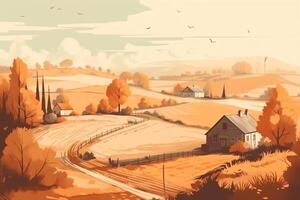 otoño rural paisaje con trigo campo en el suelo y granja en el espalda plan. ai generado foto