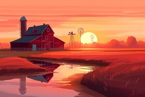 Red hangar at the farmers field to the mill on agricultural land natural landscape with green field and posevochnym the sunset with a red hangar farm cartoon illustration. photo