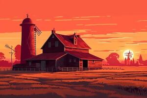 Red hangar at the farmers field to the mill on agricultural land natural landscape with green field and posevochnym the sunset with a red hangar farm cartoon illustration. photo