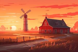 Red hangar at the farmers field to the mill on agricultural land natural landscape with green field and posevochnym the sunset with a red hangar farm cartoon illustration. photo