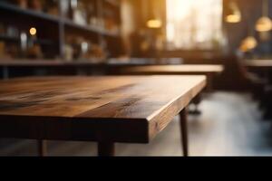 de madera mesa borroso antecedentes de restaurante de café con bokeh impecable. ai generado foto