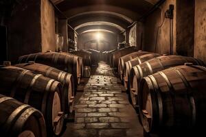 Wine barrels in the cellar of the winery. photo