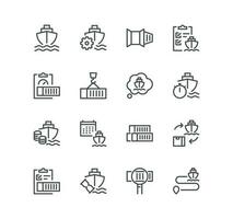 Set of logistics related icons, loading process, container, route, ship, container stacking and linear variety vectors. vector