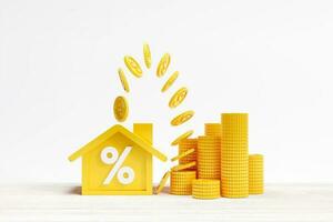 Financial management concept for real estate, home loan with bank, tax and interest uptrend, income investment growth from home sale. Golden house with percentage icon with gold coins. photo