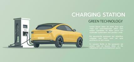 Horizontal banner with an electric car at a charging station.The concept of charging an electric car. Isolated vector illustration electric vehicle.