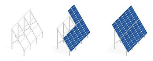 A set of solar panels constructions. Structure for mounting solar panels. Modern alternative eco-green, renewable energy. Vector illustration. Flat isometric.