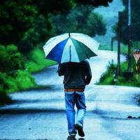 un hombre caminando en un la carretera en lluvioso día genealógico ai imagen foto