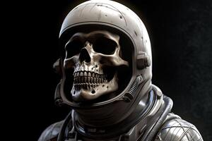 A skullface astronaut in the space suit and a helmet. A dead spaceman in the space. photo