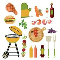 BBQ party icons set, barbecue, grill or picnic.Barbecue cooking equipment collection - grill, skewer, meat, fish, seasonings, vegetables isolated on white. Barbecue tools vector illustration.