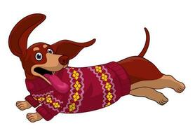corriendo perro salchicha salchicha perro vistiendo feo suéter vector