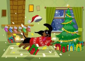 Cheerful Christmas Dashchund Dog Playing in the living room vector