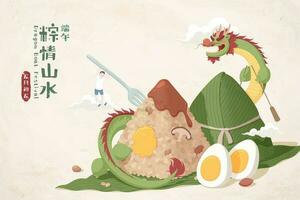 delicioso zongzi con un chino continuar quedarse alrededor eso y un miniatura chico colgando en el palo arroz vertidos, duanwu festival saludos y mayo 5to escrito en mandarín texto vector