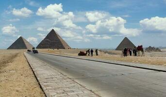 Cairo, Giza, Egypt March 17, 2023 Landscape of the main Pyramids in Giza plateau. Pyramids of Cheops, Chephren, and Mycerinus. Egypt photo